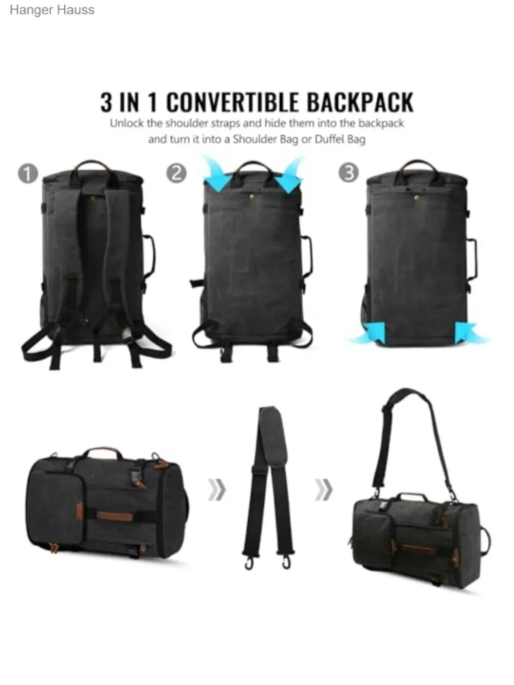 40L Convertible Travel Backpack Canvas Rucksack 3-in-1 Duffel Carry On